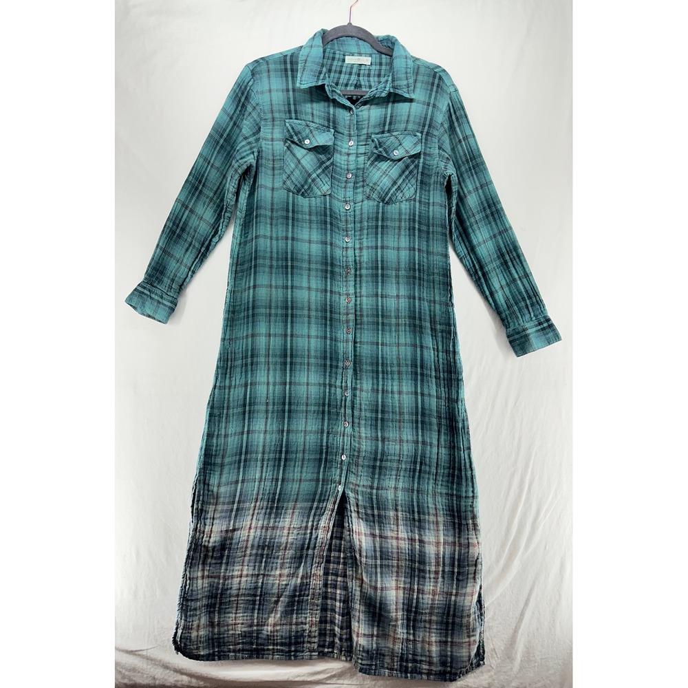 Natural Life Womens Teal Plaid Gauze Maxi Shirt Dress Long Sleeve Cotton M